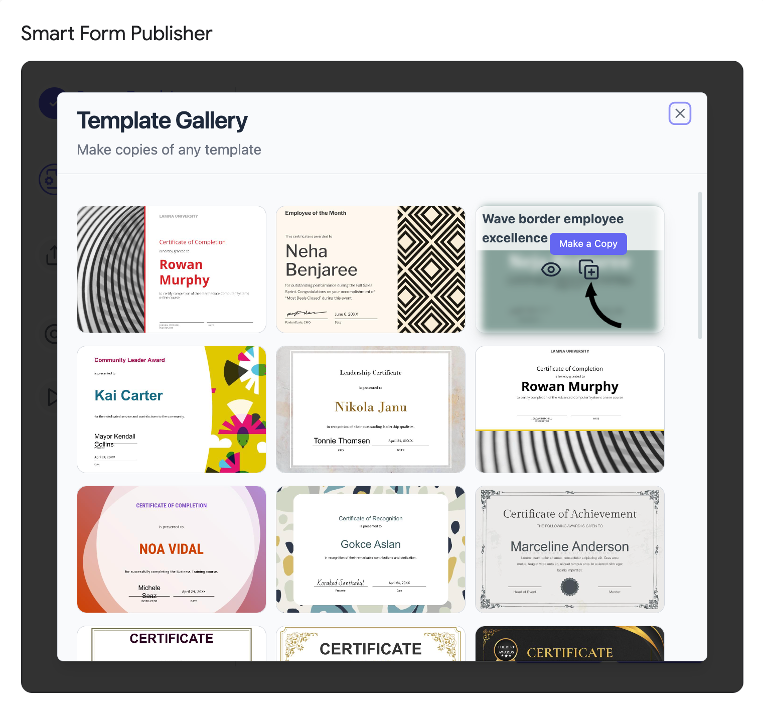 Template gallery in Smart Form Publisher